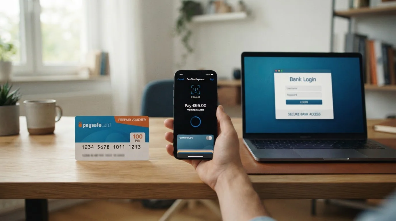 Tři platební metody vizualizované — Paysafecard voucher, smartphone s Apple Pay a laptop s Trustly rozhraním