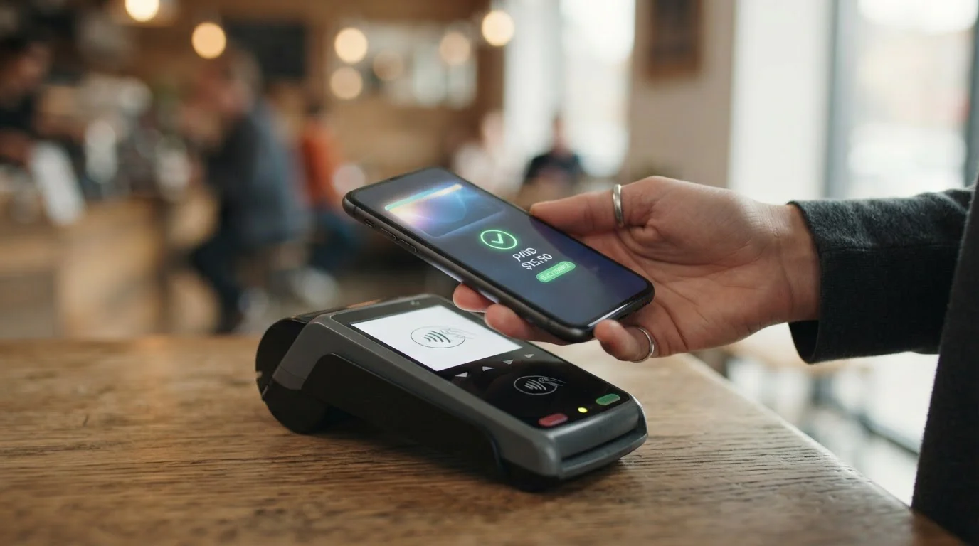 Smartphone v ruce s bezkontaktním platebním terminálem při mobilní platbě