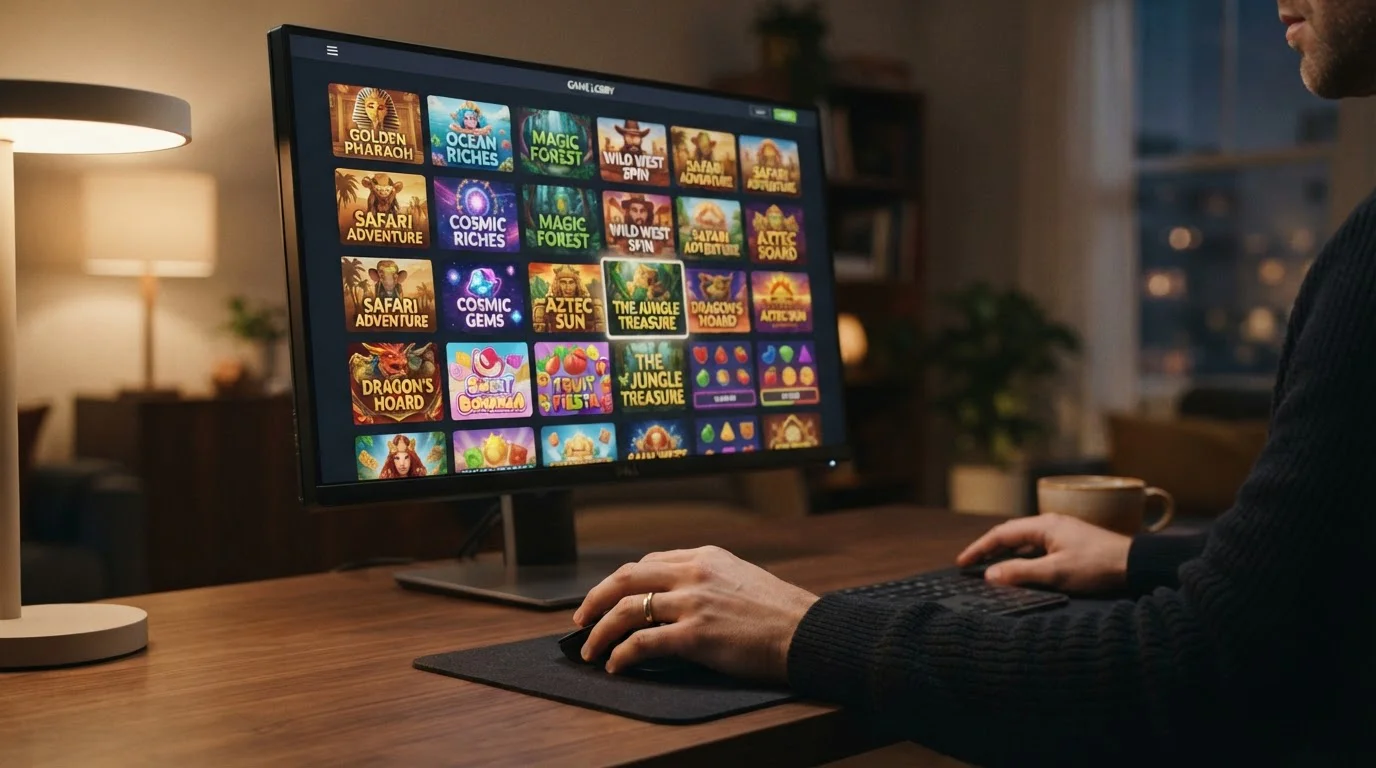 Obrazovka s výběrem slotů a herních automatů v online casinu