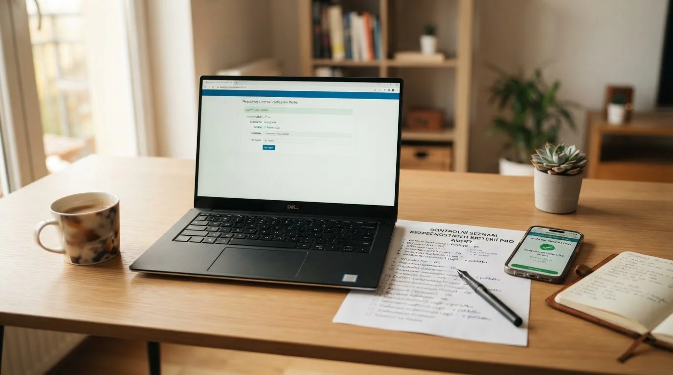 Notebook s otevřeným licenčním dokumentem a seznamem bezpečnostních kritérií pro výběr casina