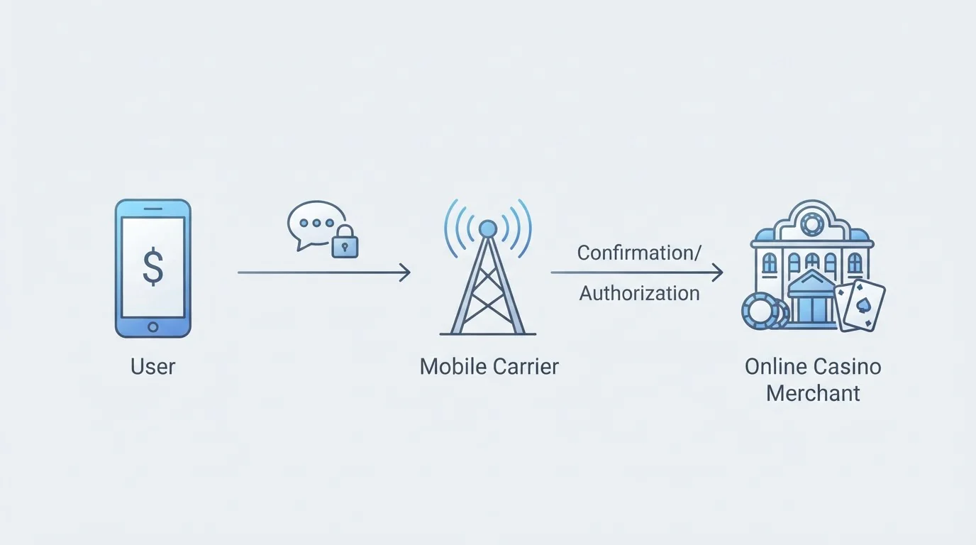 Diagram toku Boku platby od mobilního telefonu přes operátora do kasina