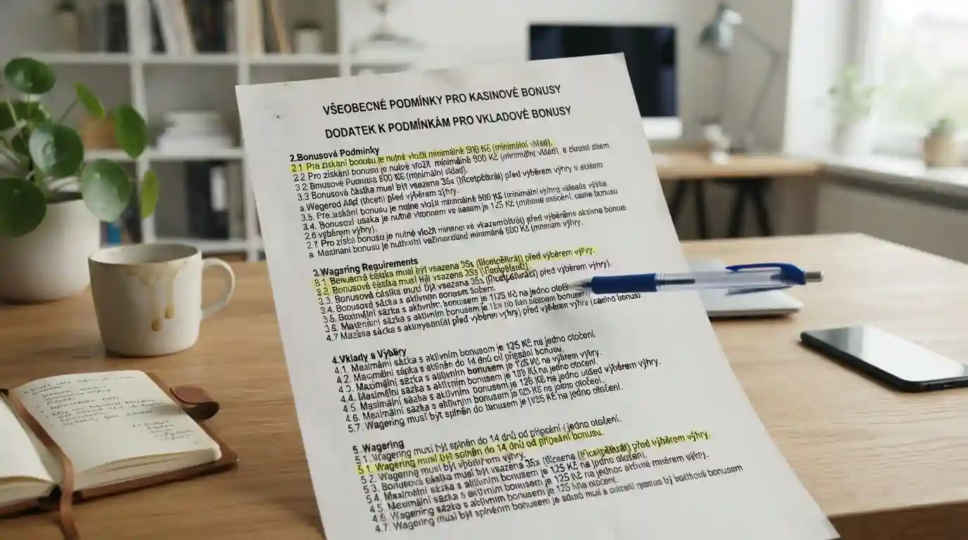 Dokument s bonusovými podmínkami ukazující rozdíl mezi minimálním vkladem a bonusovým prahem