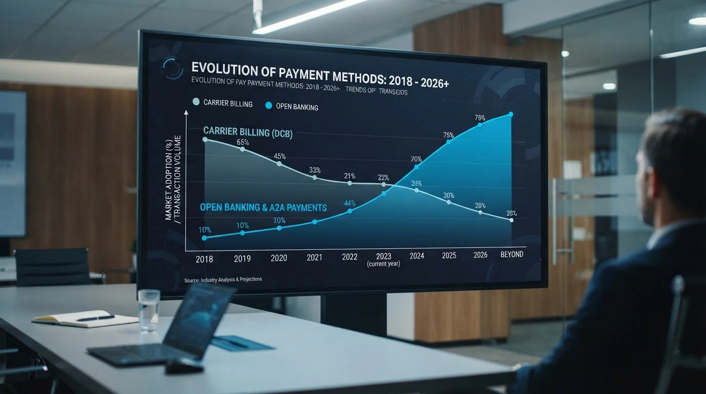 Časová osa s roky 2018–2026+ ukazující úpadek carrier billing a vzestup open banking