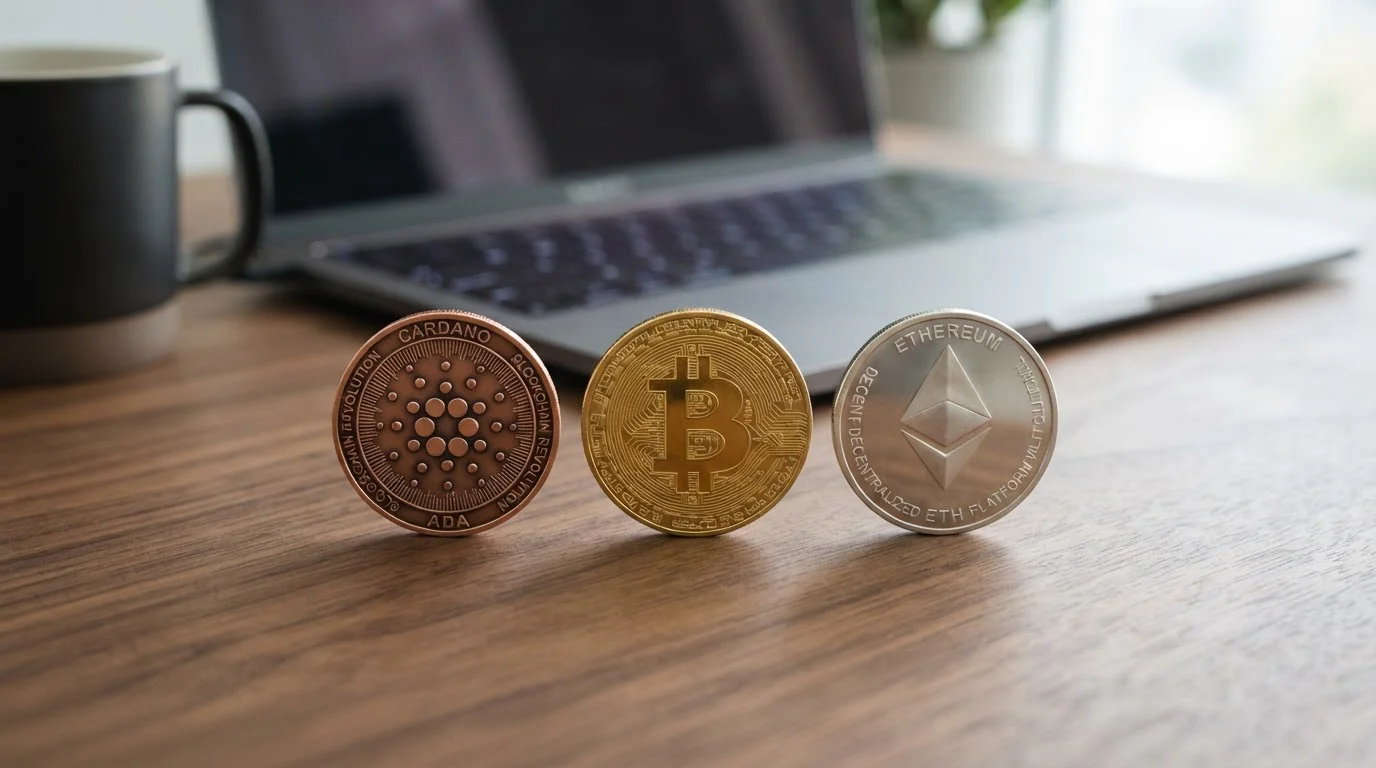 Cardano ADA, Bitcoin a Ethereum mince na moderním stole