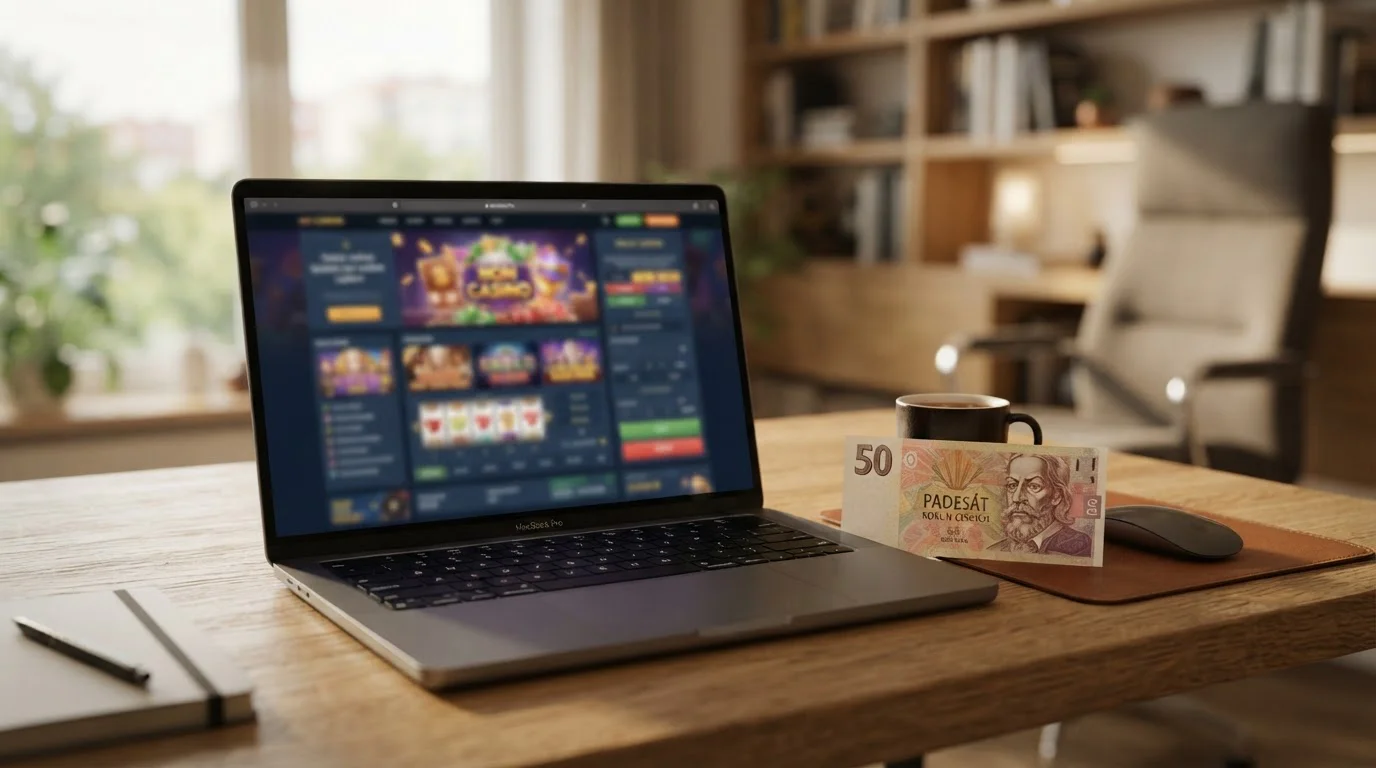 Online casino s minimálním vkladem 50 Kč na stole vedle notebooku