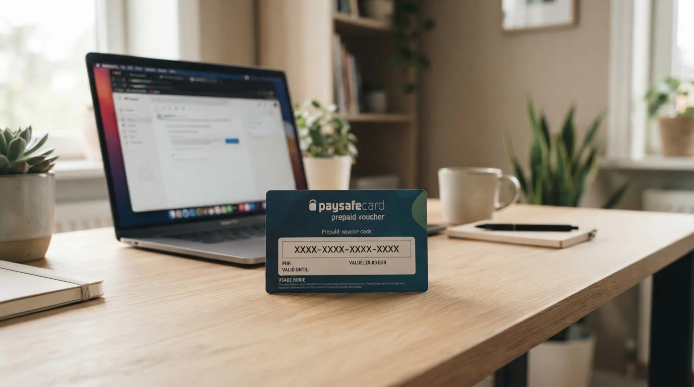 Paysafecard voucher se šestnáctimístným kódem na stole vedle notebooku