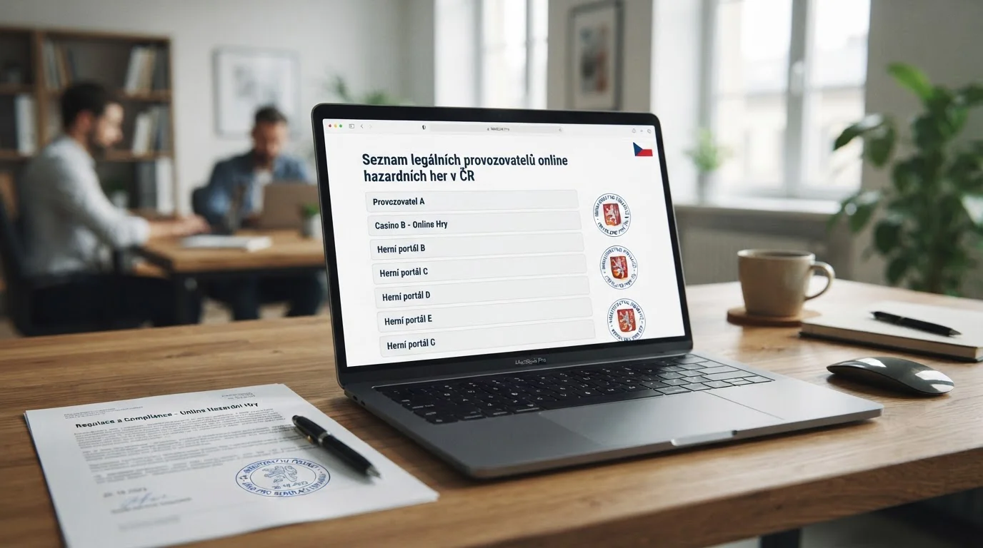 Přehled českých licencovaných online casin na monitoru s oficiálním znakem Ministerstva financí ČR