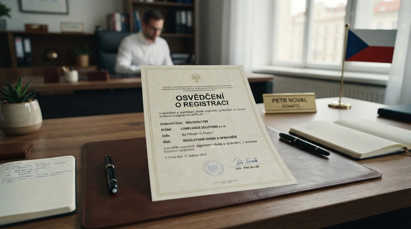 Oficiální licenční dokument na pracovním stole s českou vlajkou v pozadí