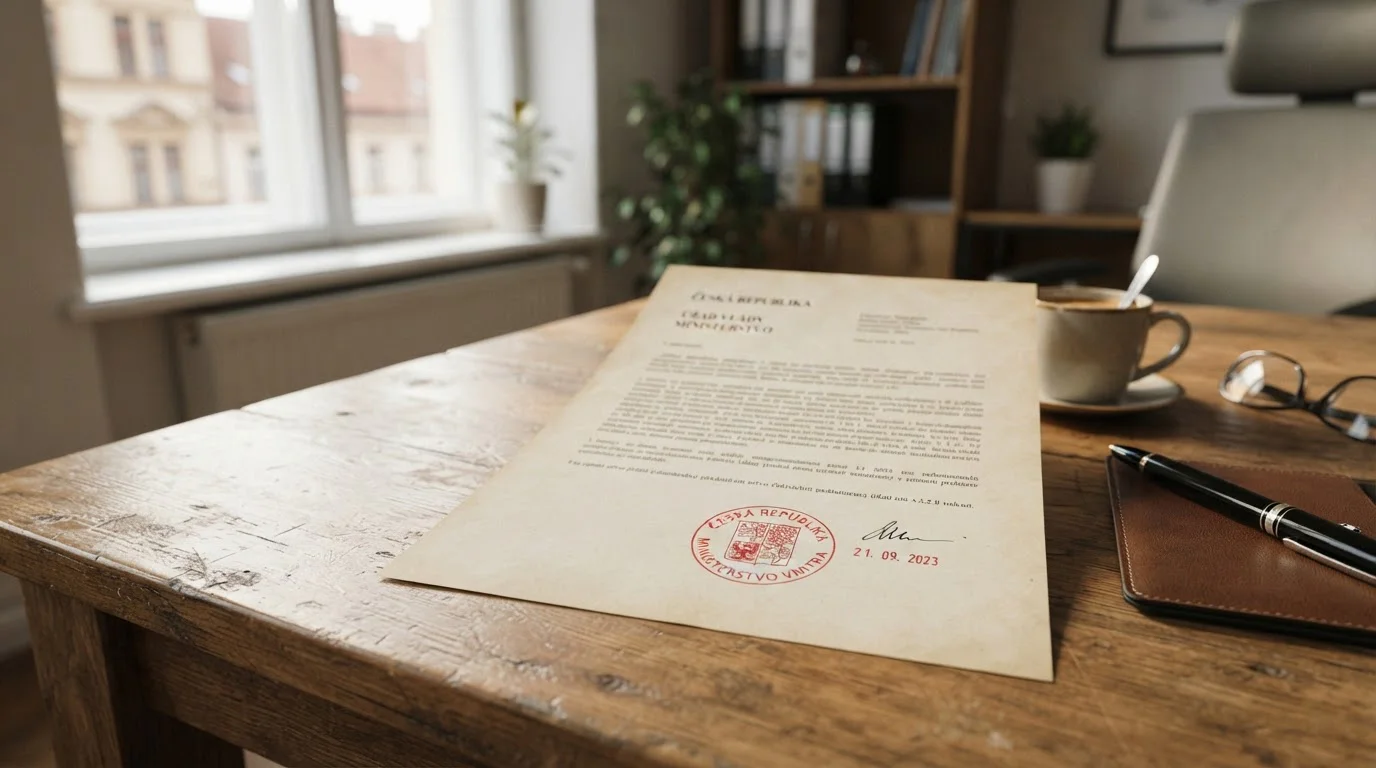 Oficiální dokument s razítkem Ministerstva financí na dřevěném stole