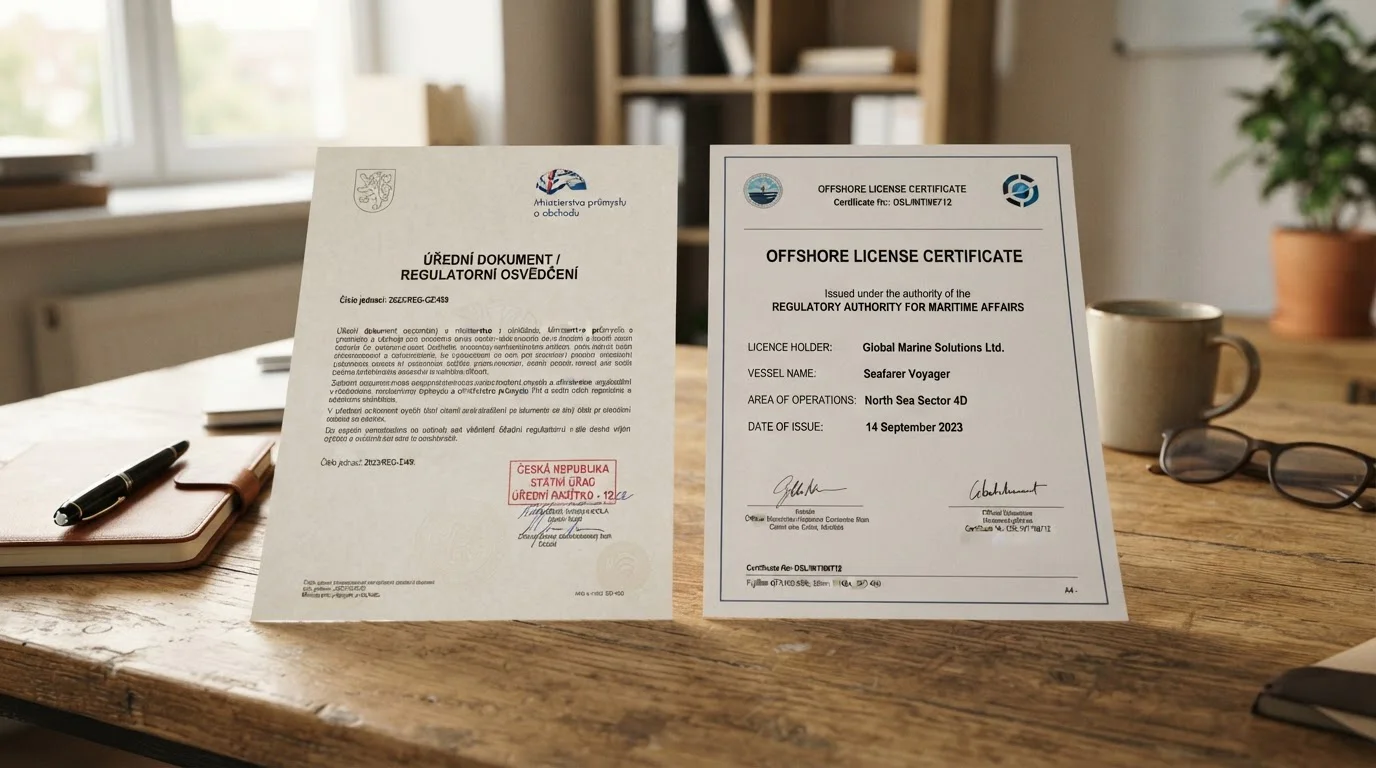 Oficiální dokument s pečetí české licence vedle offshore licence