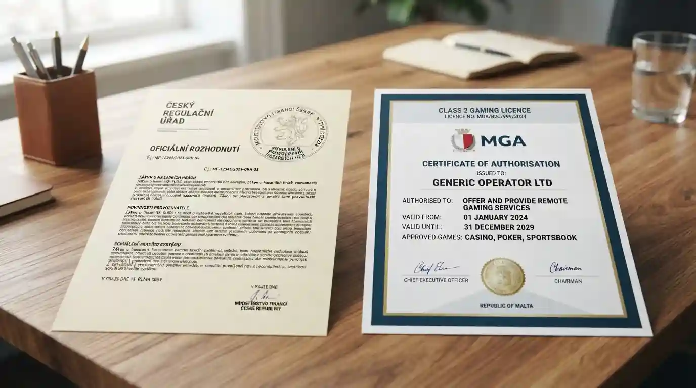 Srovnání dokumentů české licence MOF a maltské licence MGA na stole