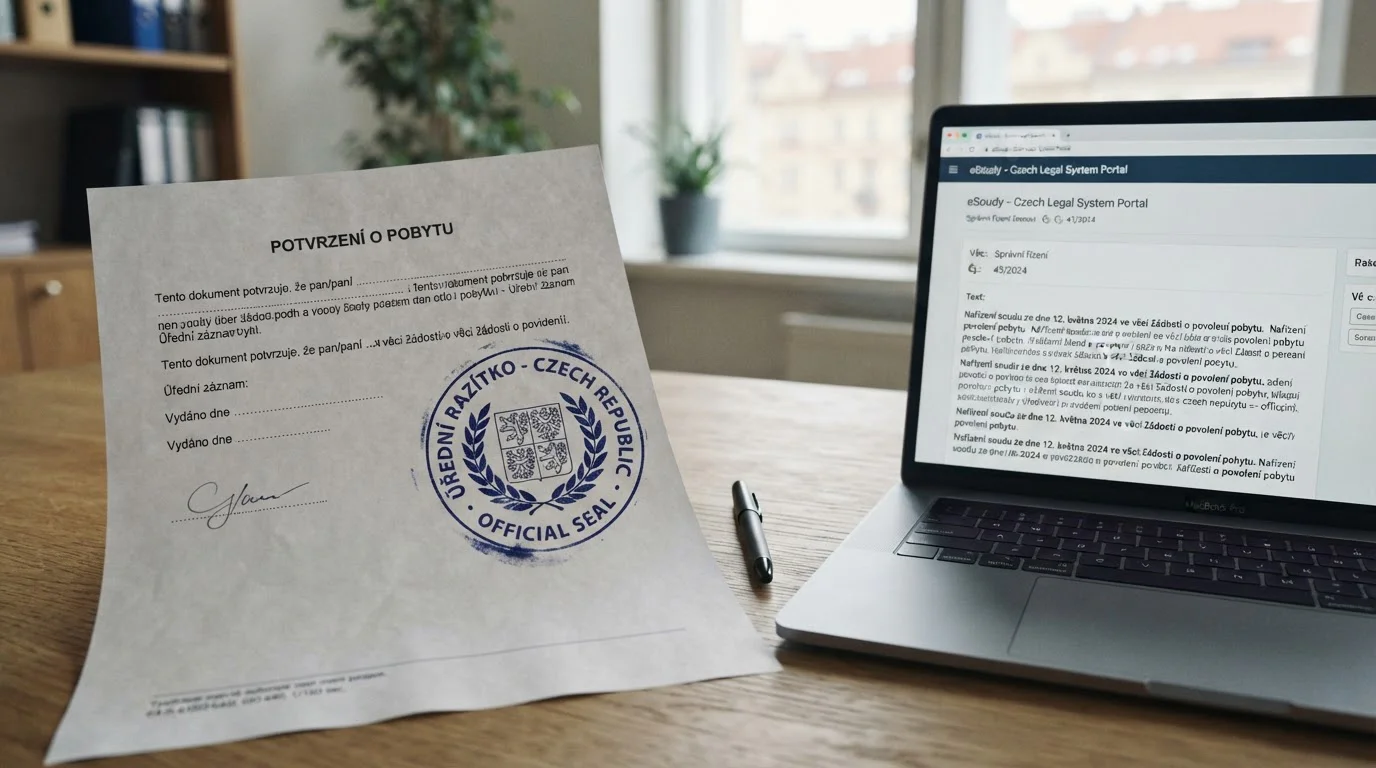 Oficiální dokument s razítkem Ministerstva financí ČR vedle notebooku