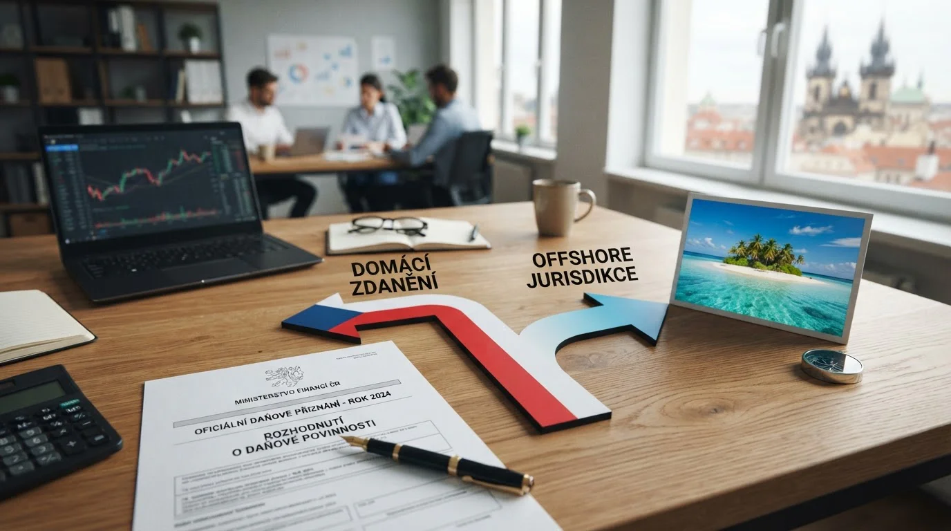 Dvě cesty rozdvojené — jedna vede k české vlajce a licenci MFČR druhá k offshore ostrovu