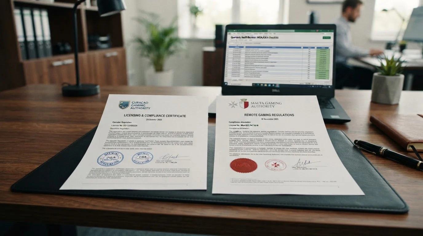 Dokument s razítkem Curaçao Gaming Authority a Malta MGA vedle notebooku s textem o licencích