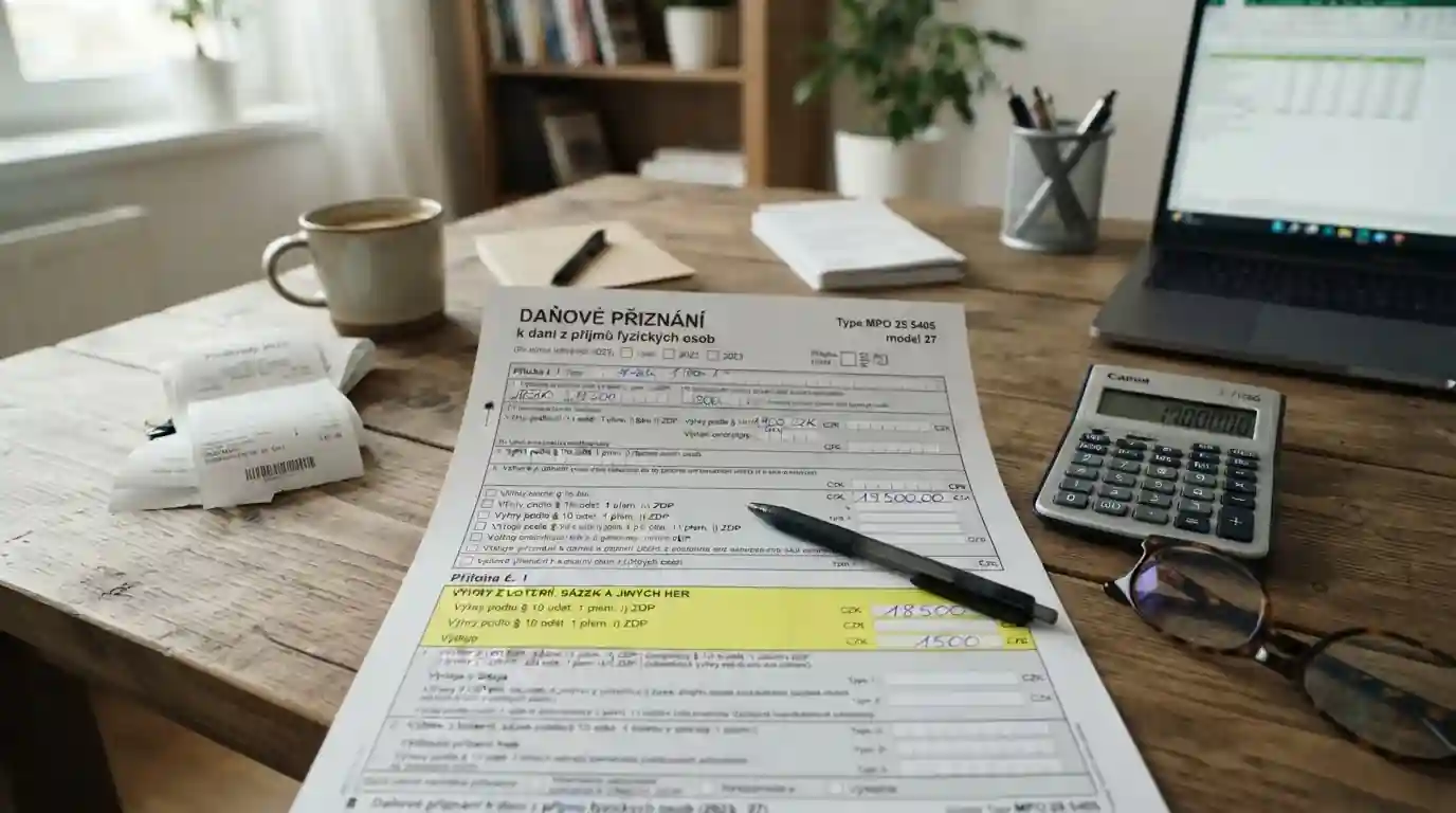 Daňový formulář s textem o zdanění gambling výher a pero na papíru