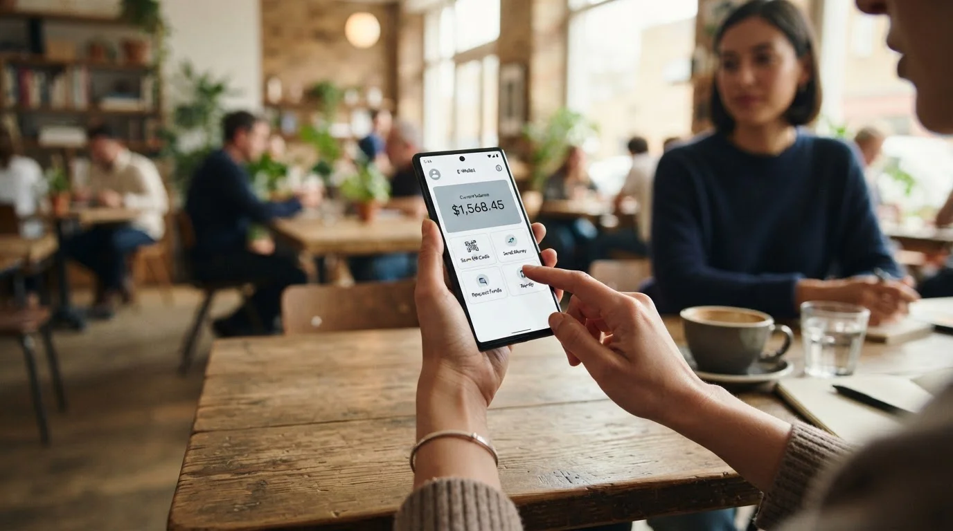 E-wallet aplikace s platebními možnostmi na displeji