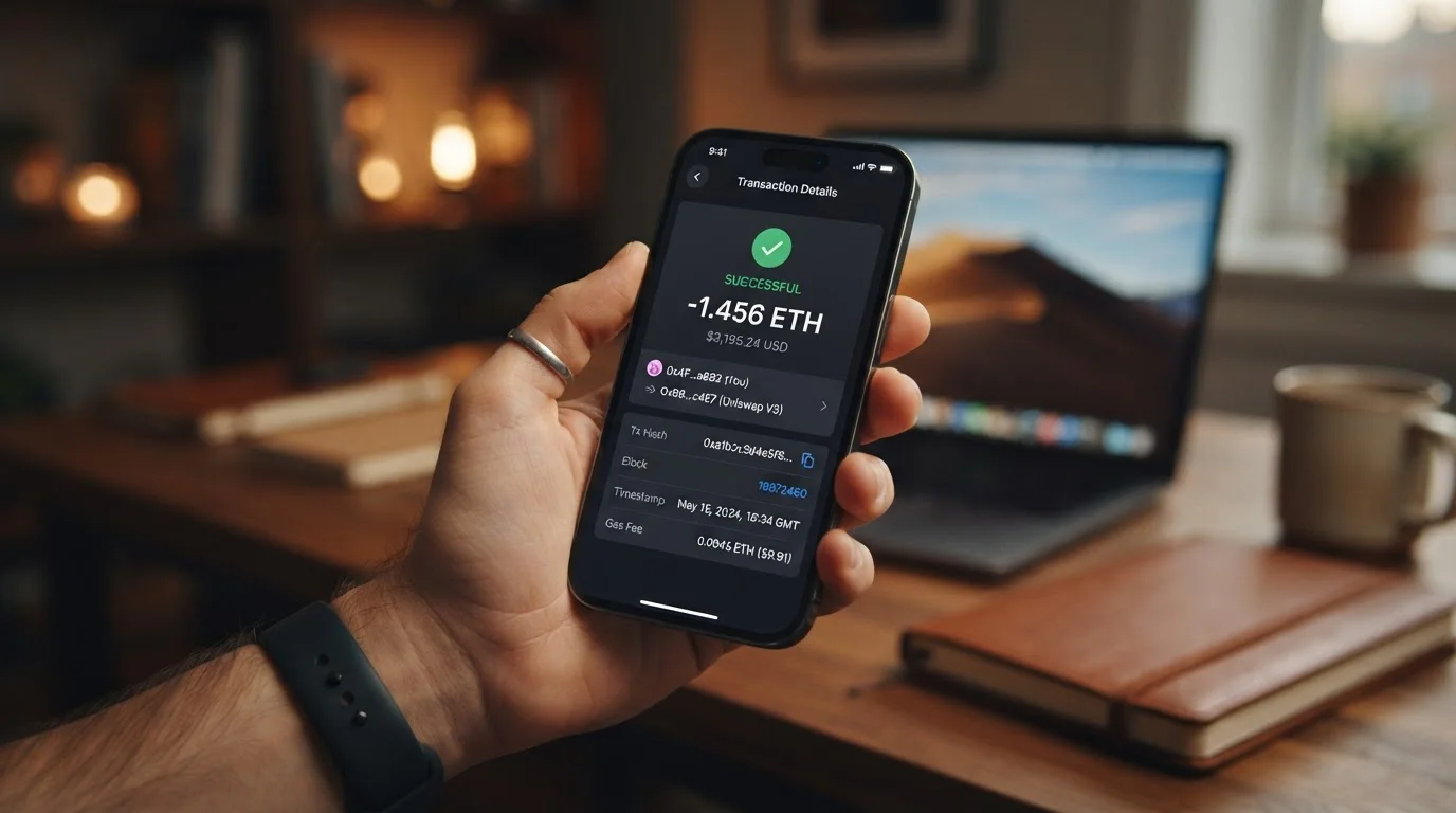 Smartphone s krypto peněženkou zobrazující ETH transakci