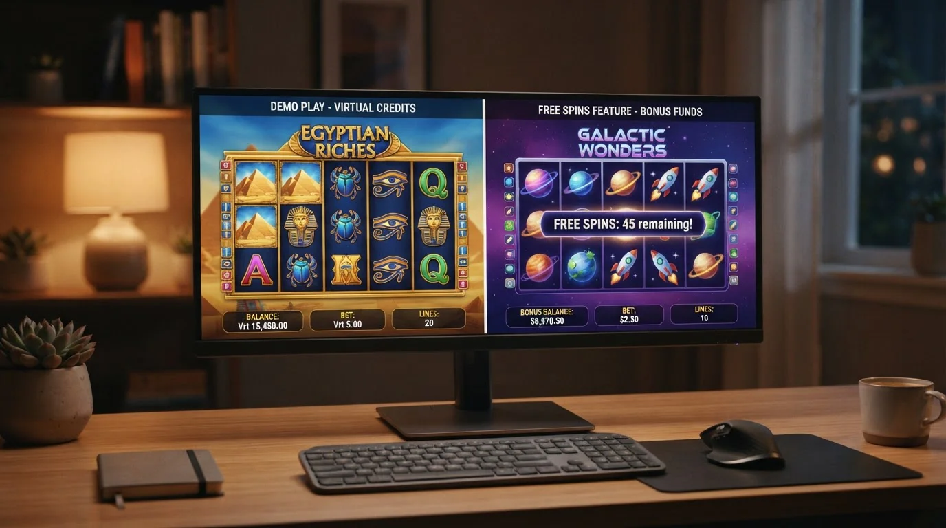 Slot automat obrazovka s demo režimem a free spiny indikátorem
