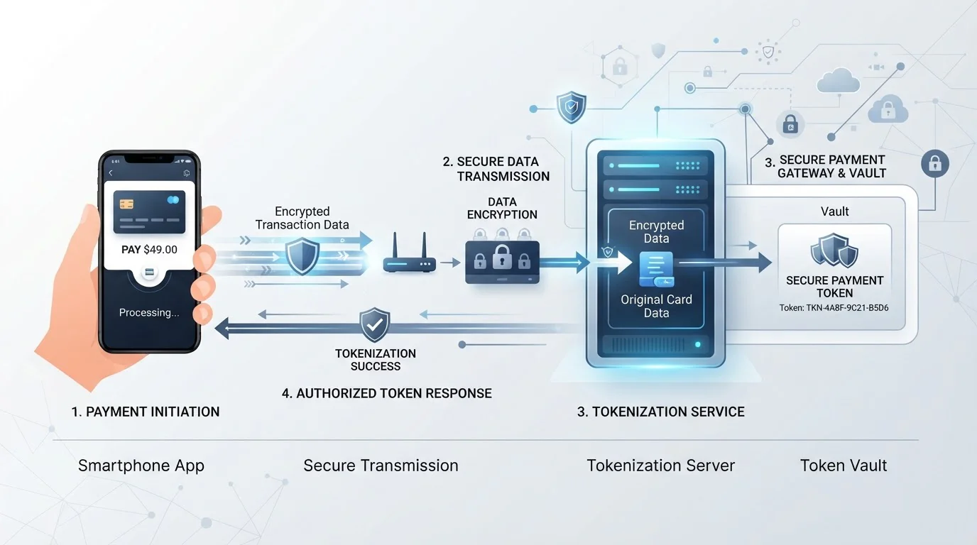 Diagram tokenizace platby se šifrovaným tokem dat