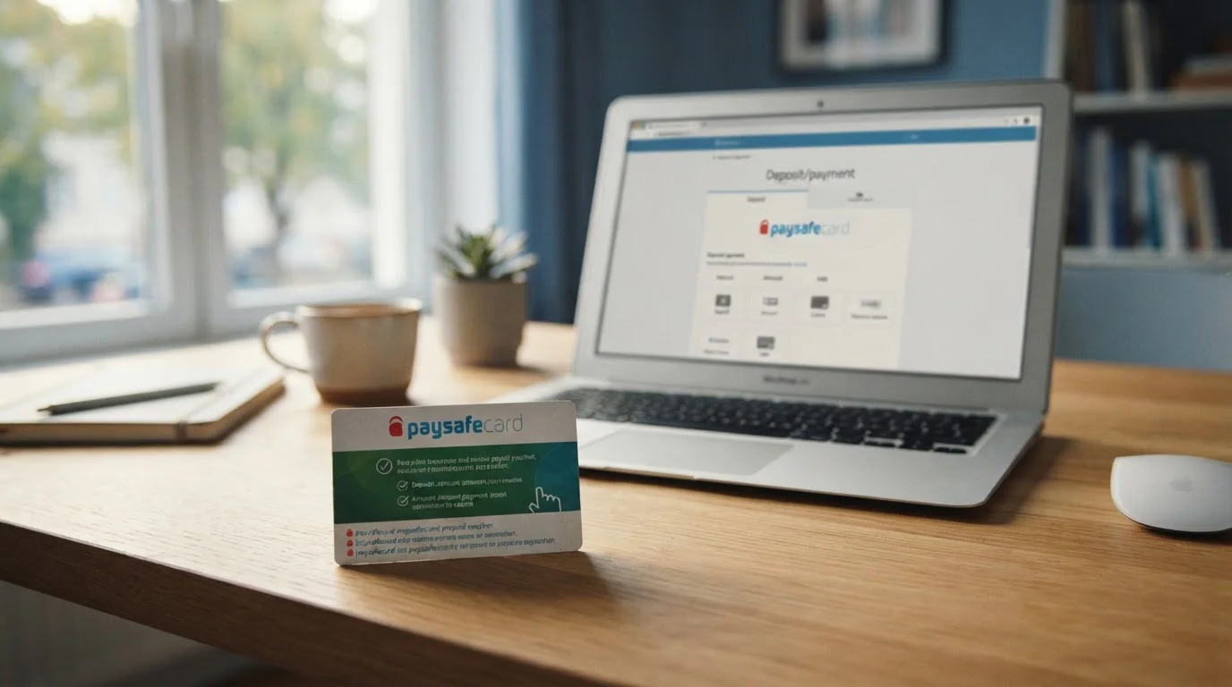 Realistická scéna s paysafecard voucherem a laptopem na pracovním stole připraveným k vkladu do online casina