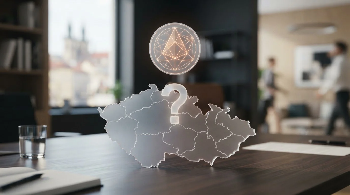 Bitcoin symbol s otazníkem nad mapou České republiky
