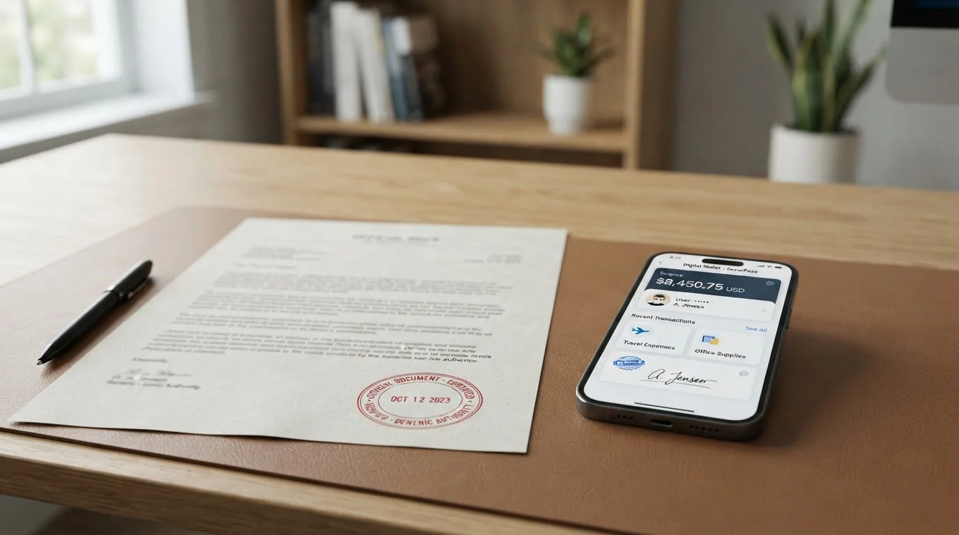 Dokument s razítkem a digitální peněženka symbolizující KYC proces