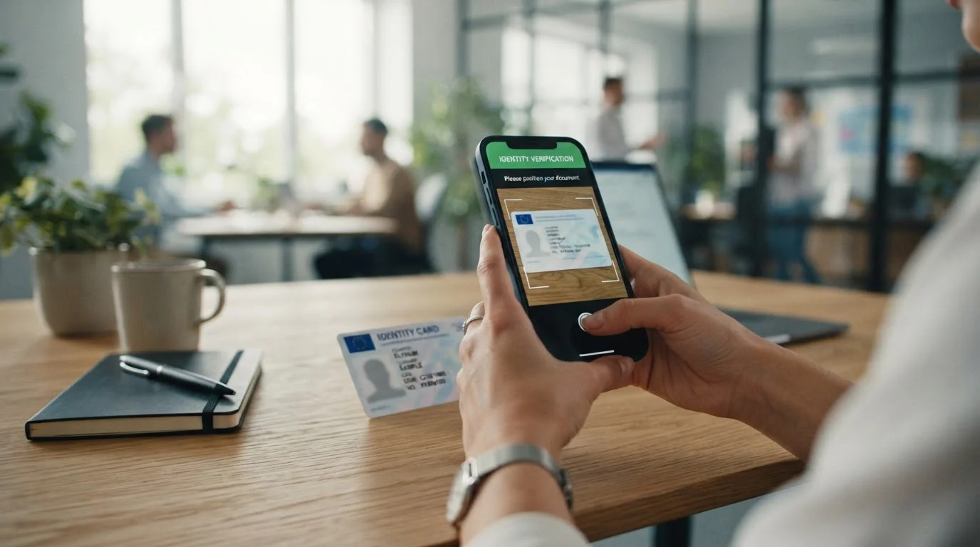 Smartphone s KYC verifikačním rozhraním a dokladem totožnosti na stole