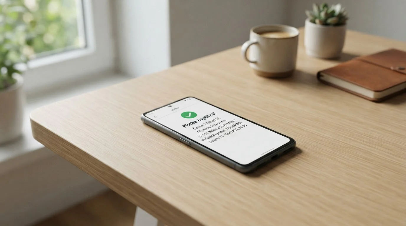 Moderní smartphone s mobilní bankovní aplikací na stole