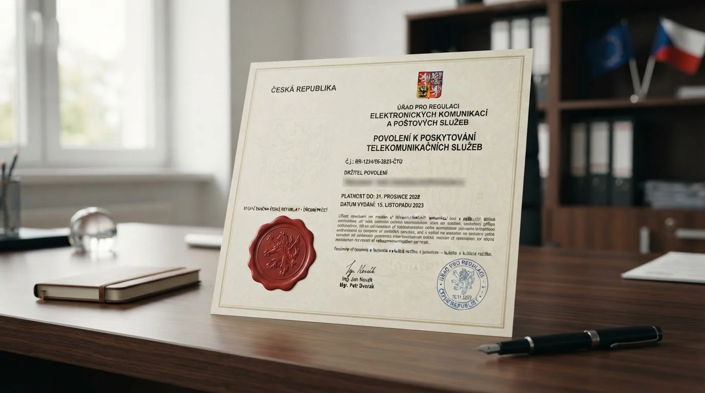 Dokument s razítkem MFČR licence a českým státním znakem