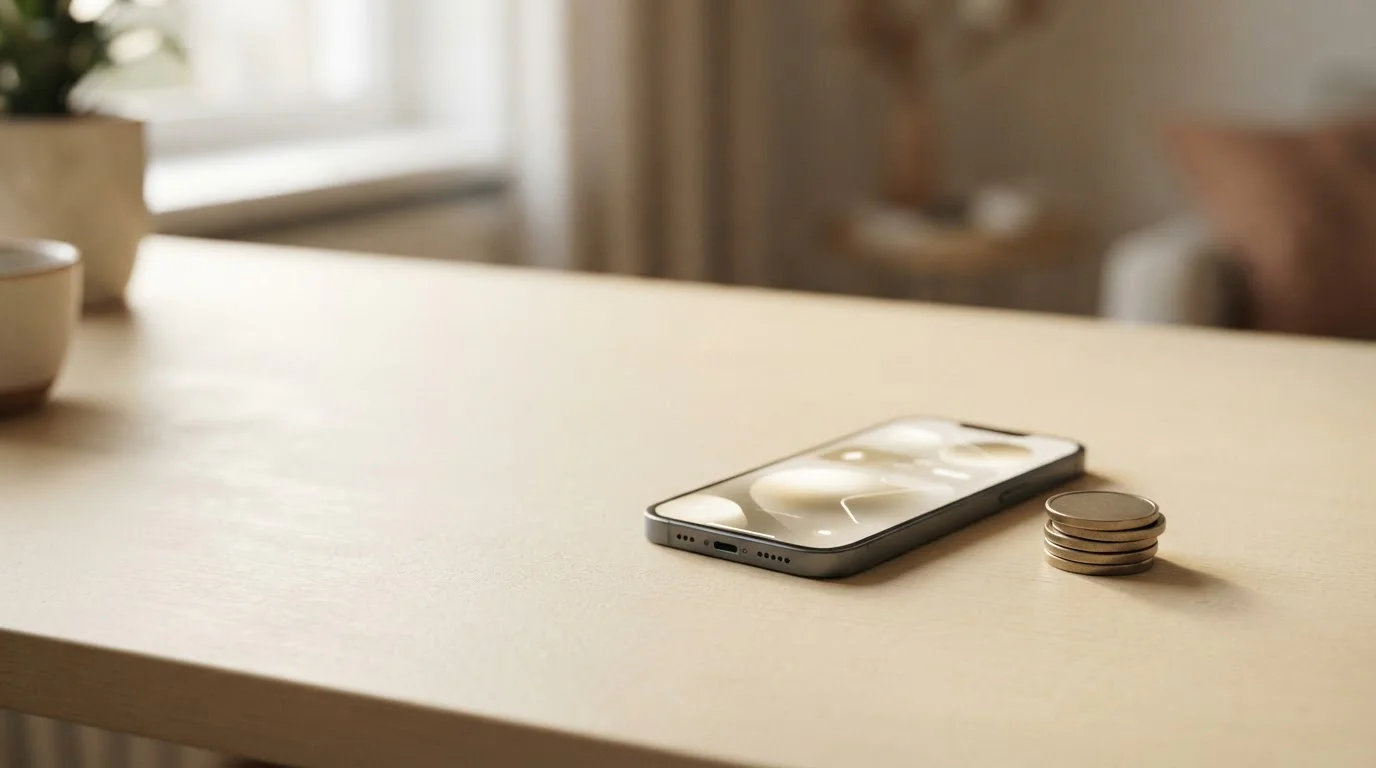 Minimalistický stůl s malou hromádkou obecných mincí vedle smartphonu s neutrálním rozhraním