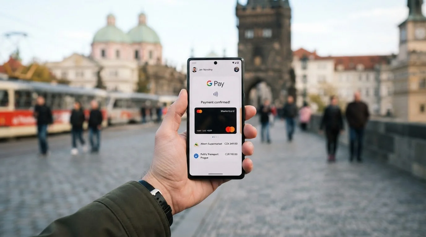 Smartphone v ruce s Google Pay aplikací, městské prostředí