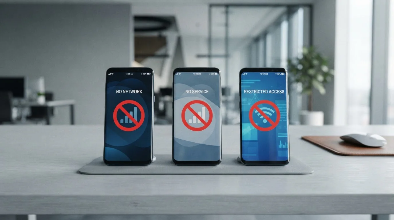 Tři mobilní telefony s logy českých operátorů a zablokovaným symbolem
