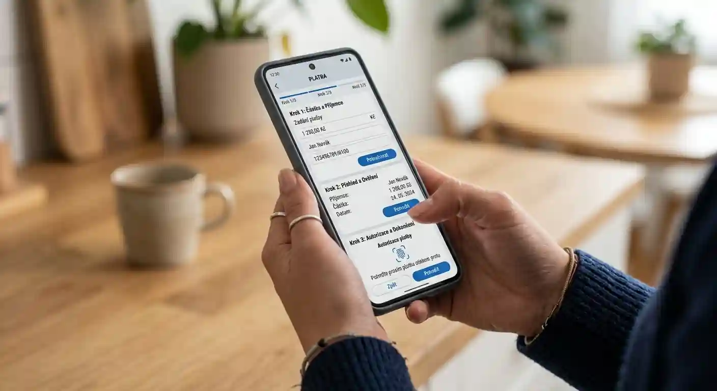 Ruce držící smartphone s rozhraním platebního procesu krok za krokem