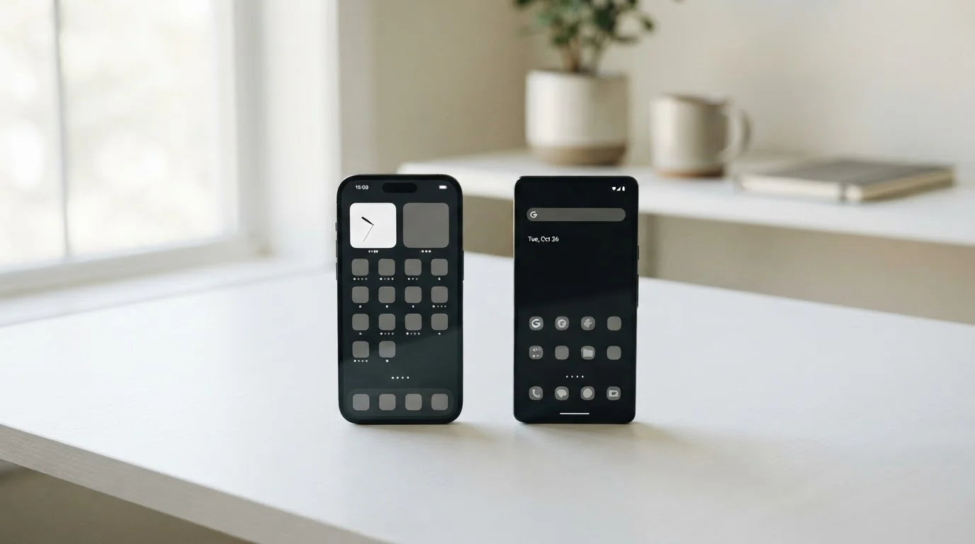 Dva moderní smartphony vedle sebe na čistém stole, jeden iOS a jeden Android