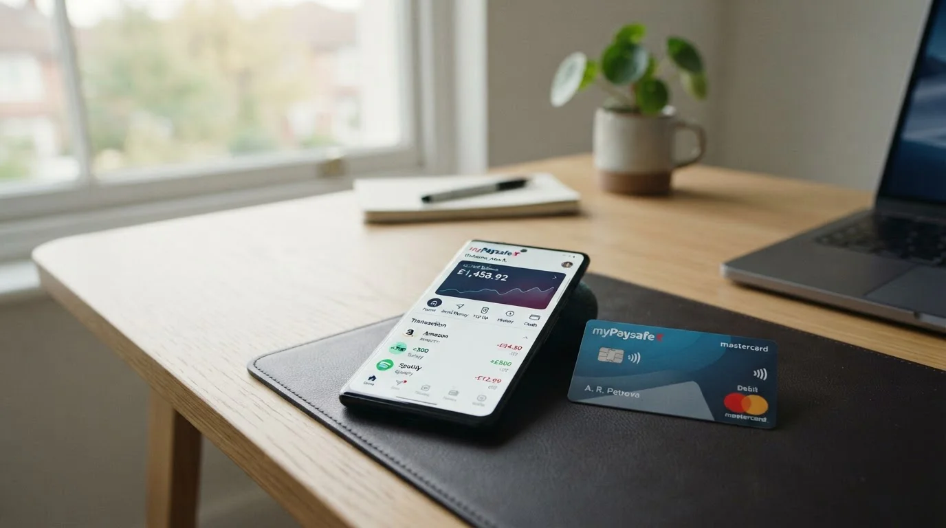 MyPaysafe účet na obrazovce mobilu s Mastercard připravenou k výběru hotovosti