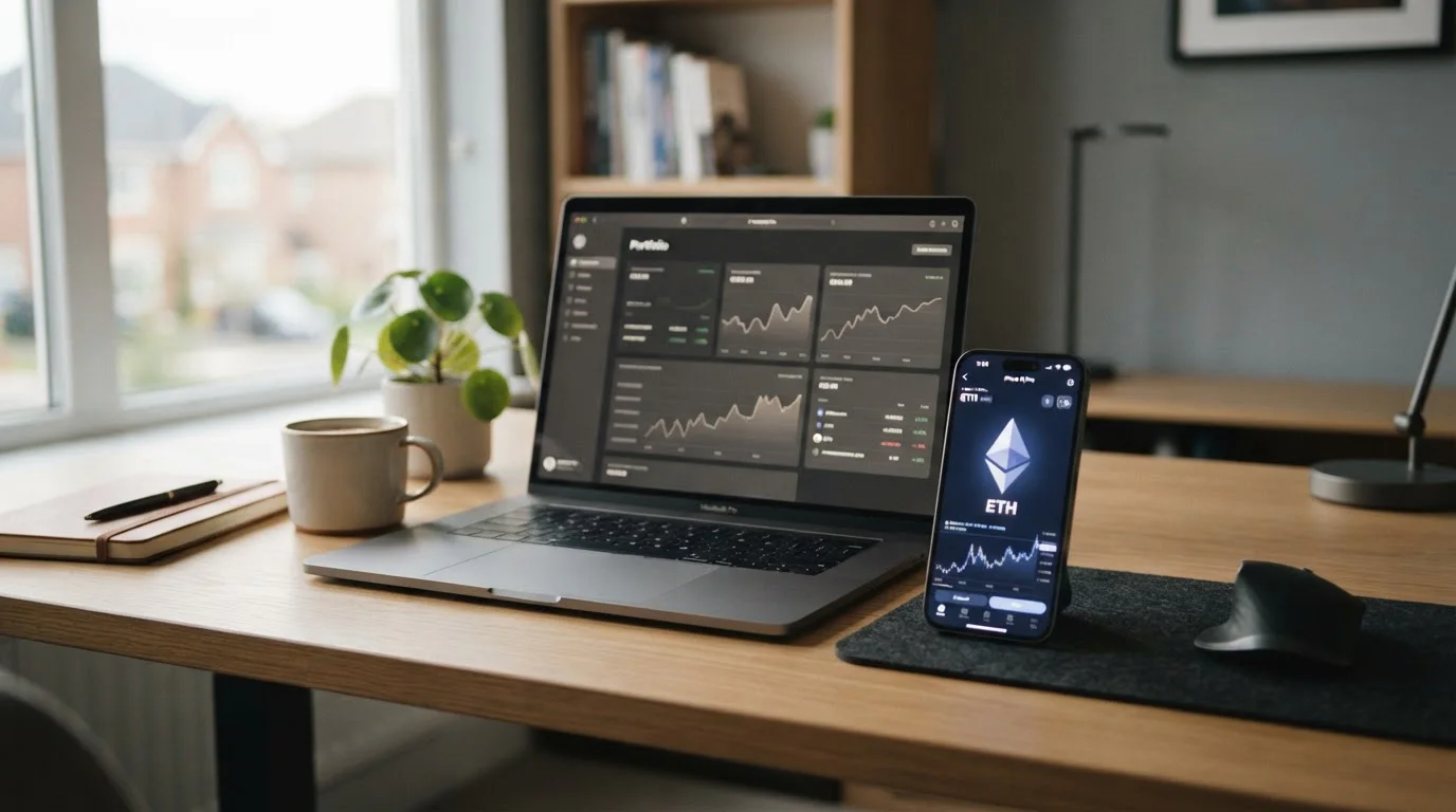 Ethereum symbol a laptop s online kasinem na stole