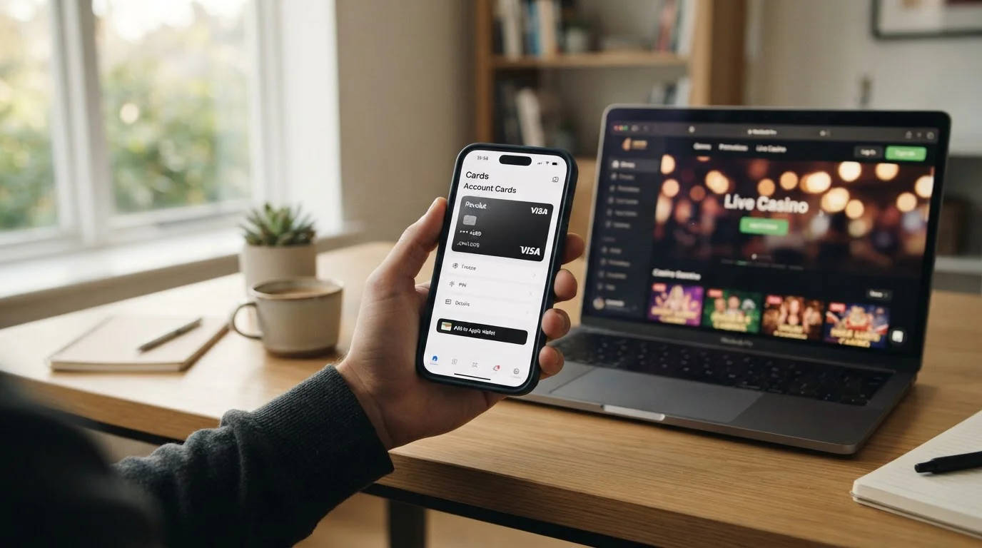 Smartphone s otevřenou Revolut aplikací a casino rozhraním na pozadí