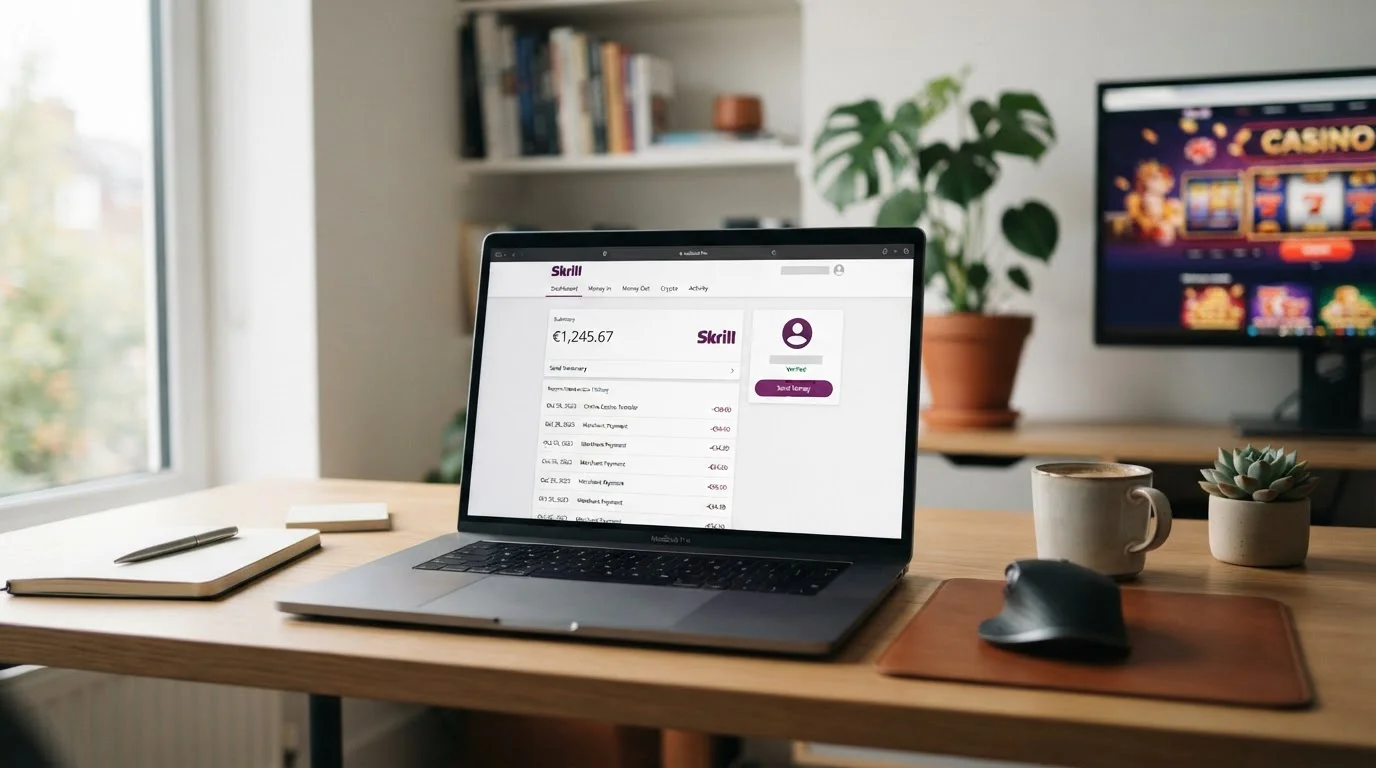 Elektronická peněženka Skrill na obrazovce notebooku s kasinovým rozhraním na pozadí