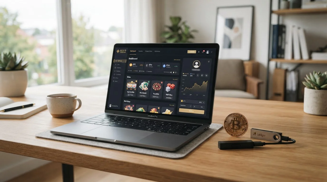 Bitcoin kasino s kryptoměnovými žetony a peněženkou na moderním stole