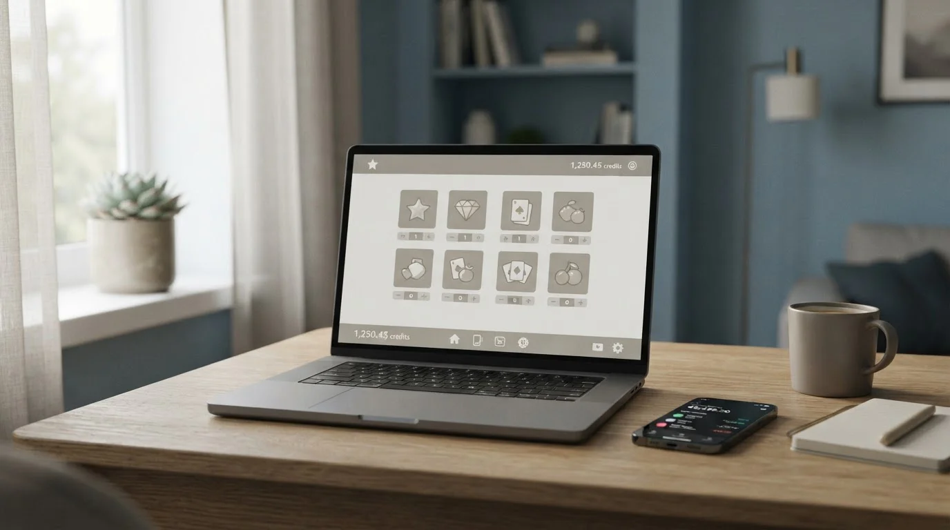 Moderní laptop s otevřeným online kasinem a mobilním bankovním rozhraním na stole