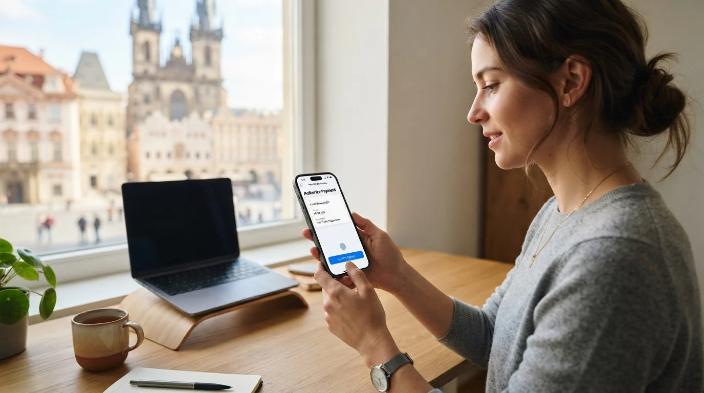 Osoba platící mobilním telefonem v moderním prostředí s mobilní bankovní aplikací