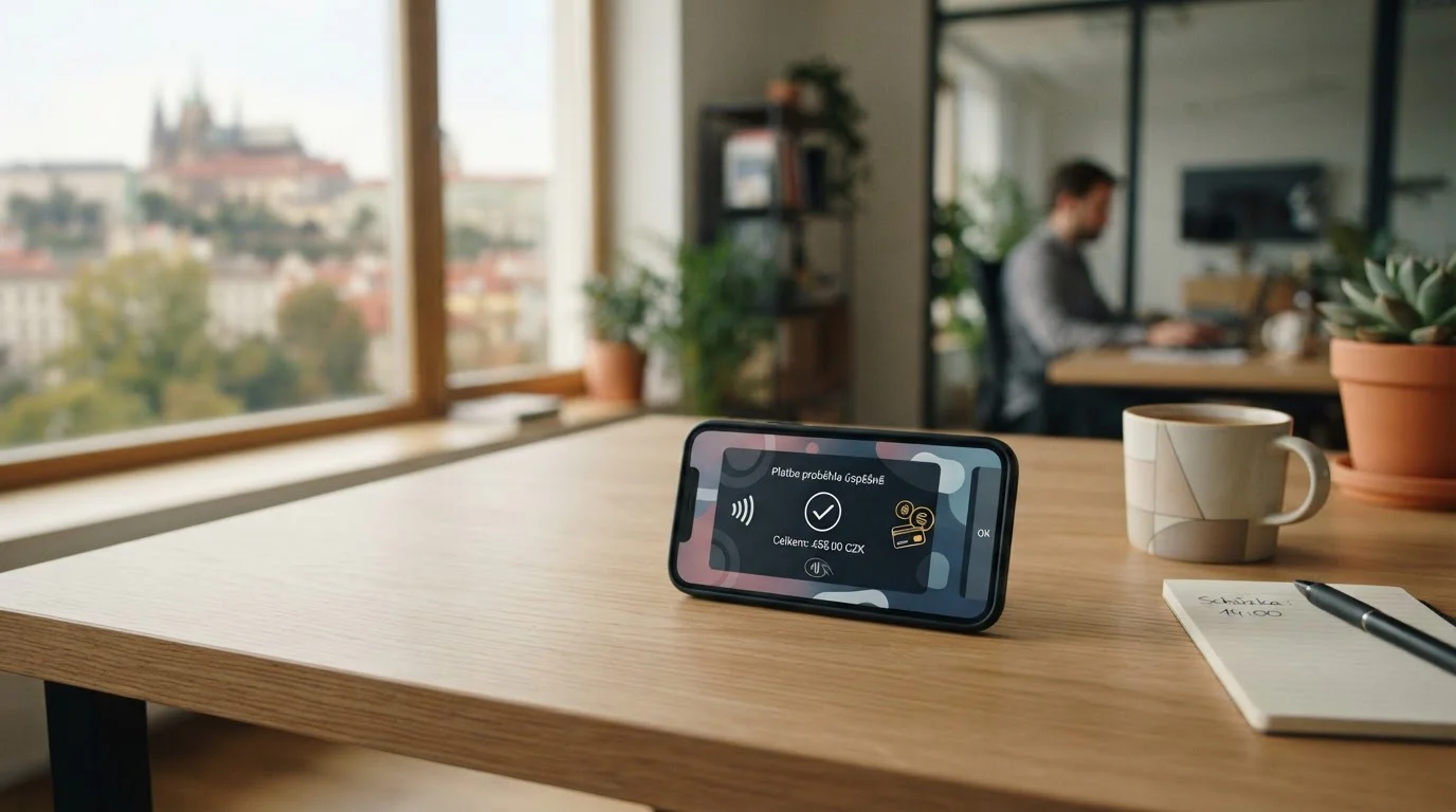 Smartphone s mobilní platební aplikací na pracovním stole