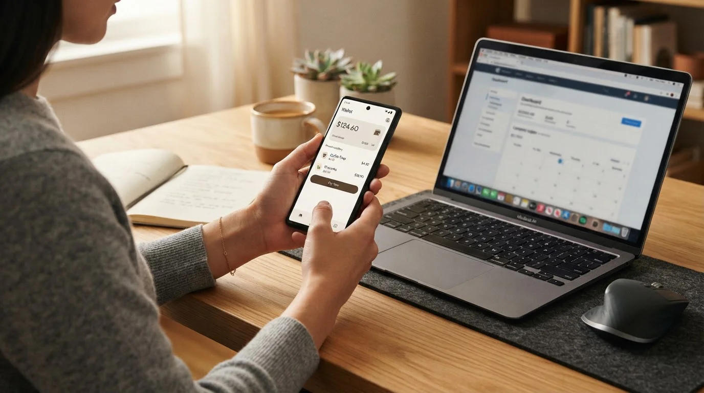 Osoba držící smartphone s mobilní platební aplikací vedle notebooku na čistém stole