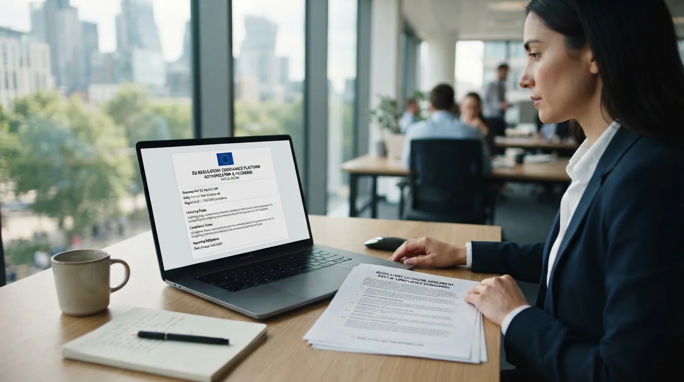 Notebookový počítač zobrazující maltskou licenci a evropskou regulační dokumentaci