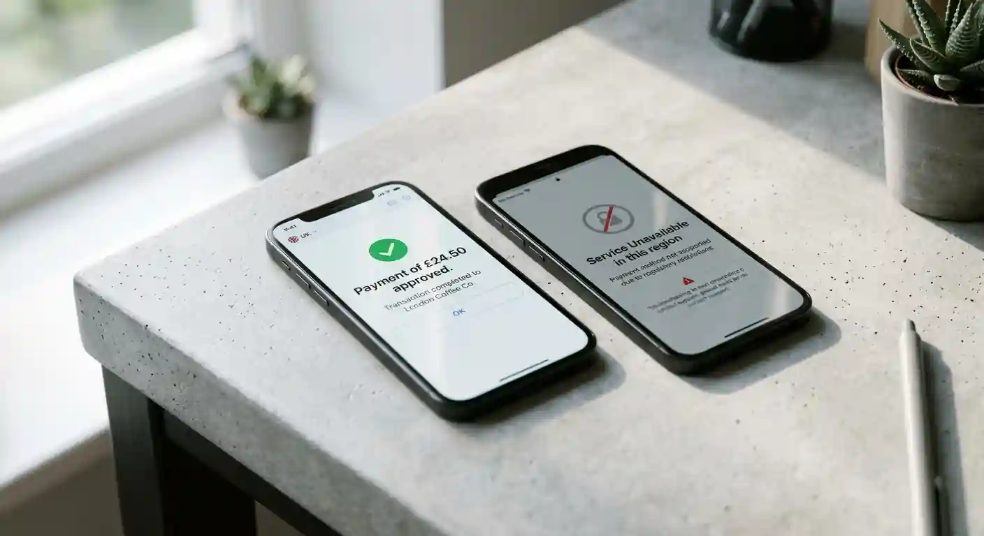 Rozdělená kompozice srovnávající UK a české mobilní platební rozhraní