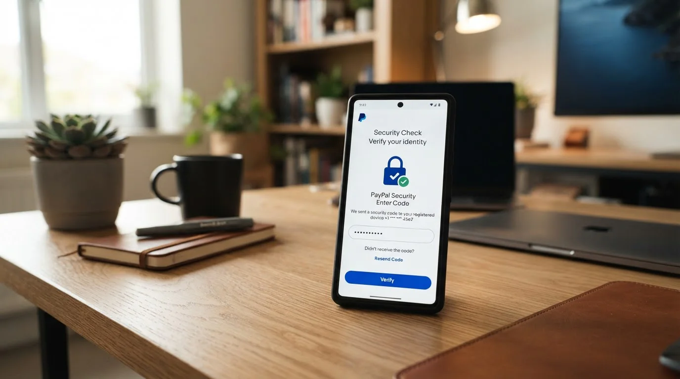 Uzamčený chytrý telefon s PayPal aplikací a 2FA