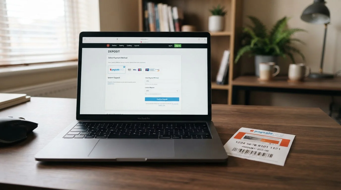 Notebook s otevřenou sekcí pokladny kasina a Paysafe kódem vedle klávesnice