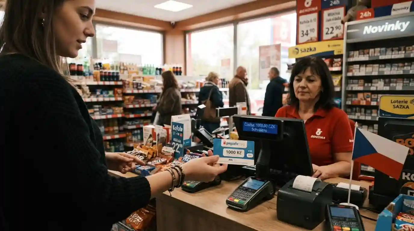 Interiér trafiky s pokladnou a paysafecard kupónem