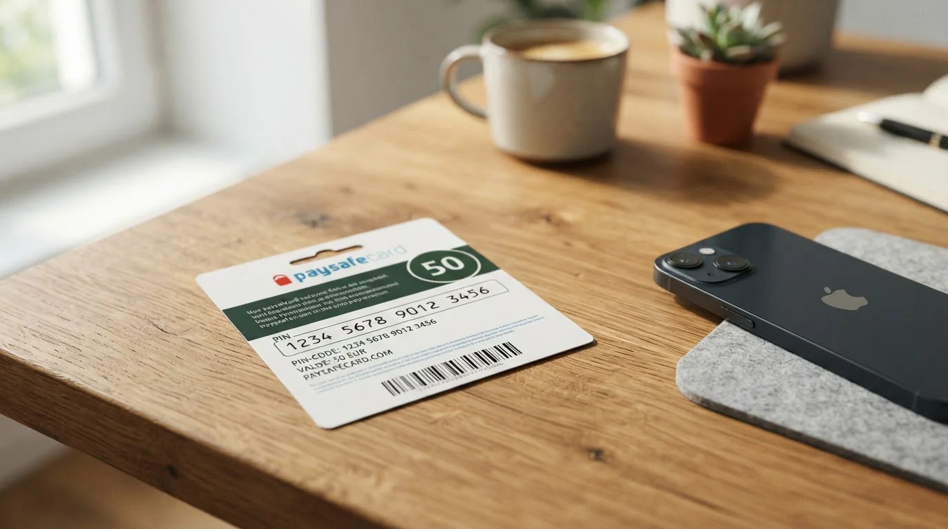 Paysafecard předplacený voucher s PIN kódem a označením denominace