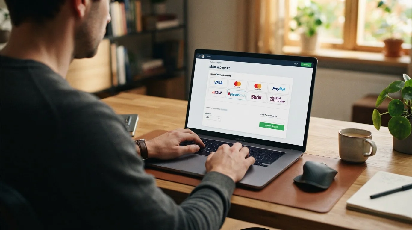 Osoba u počítače zadává platební údaje do online casino pokladně